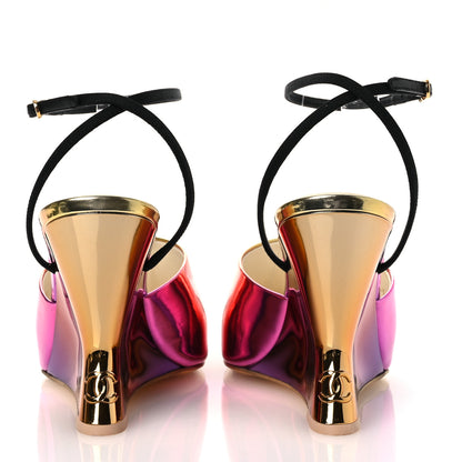 Chanel Laminated Calfskin Grosgrain Cap Toe CC Wedge Pumps 39 Pink Orange Yellow Black 6 of 13