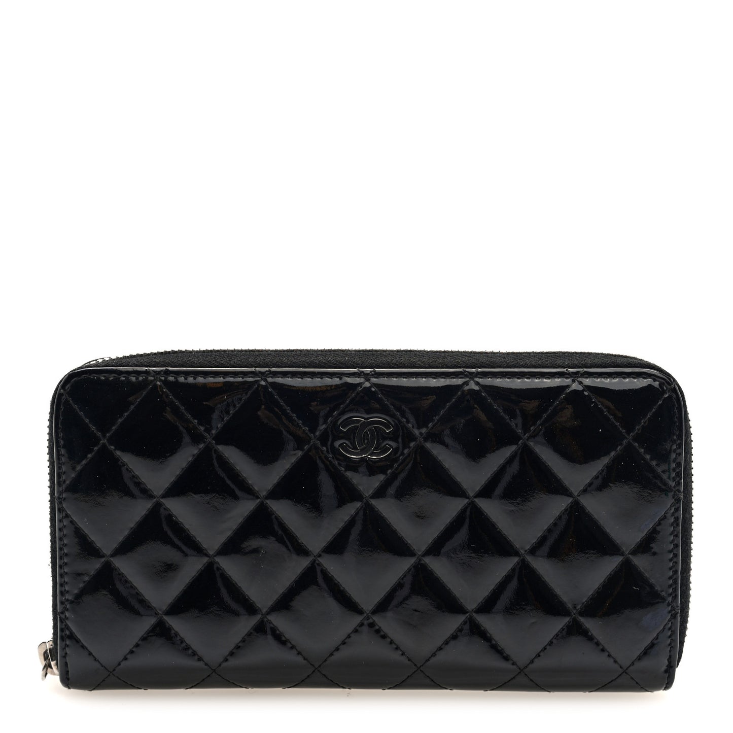 Patent Quilted Zip Around Wallet Black