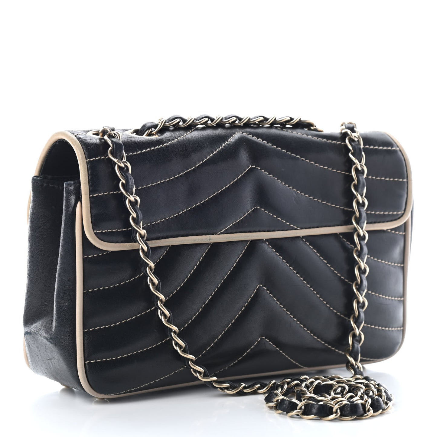 Lambskin Quilted Single Flap Bag Black Beige