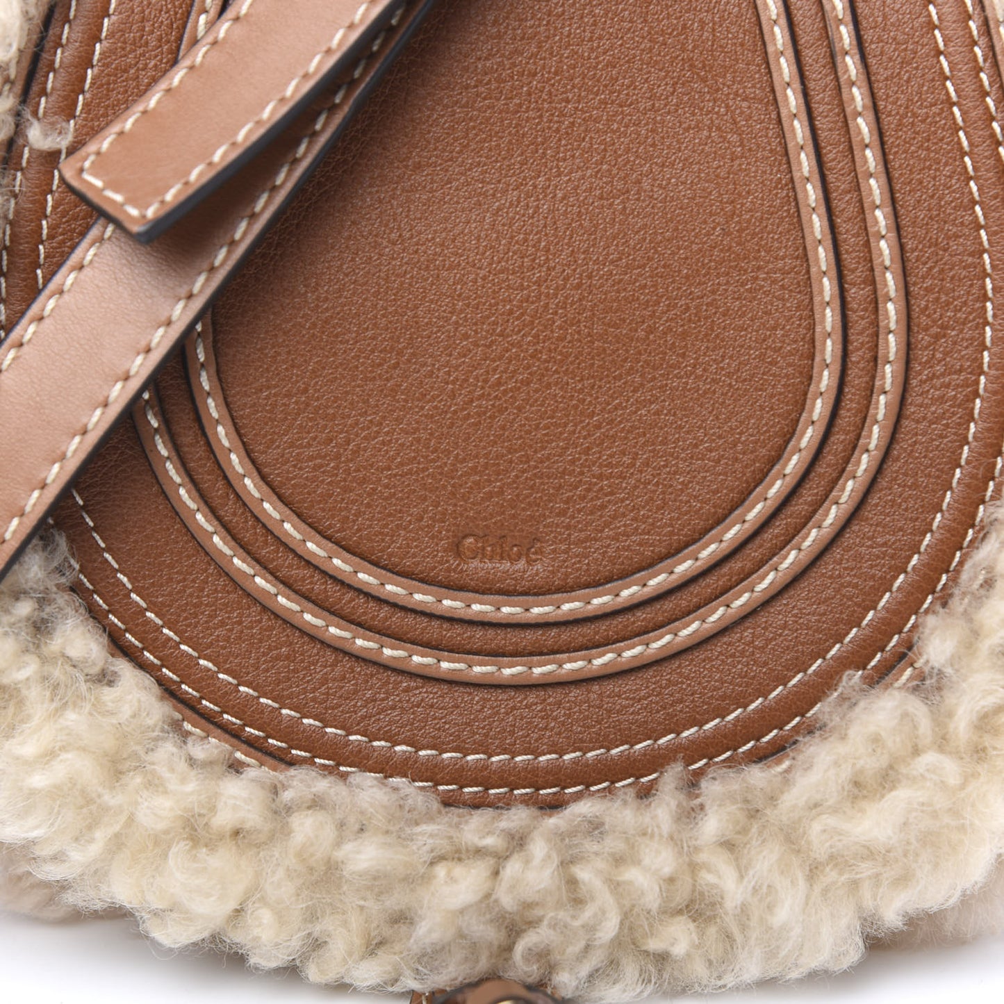 Small Grain Shiny Calfskin Shearling Small Marcie Round Crossbody Bag Caramel