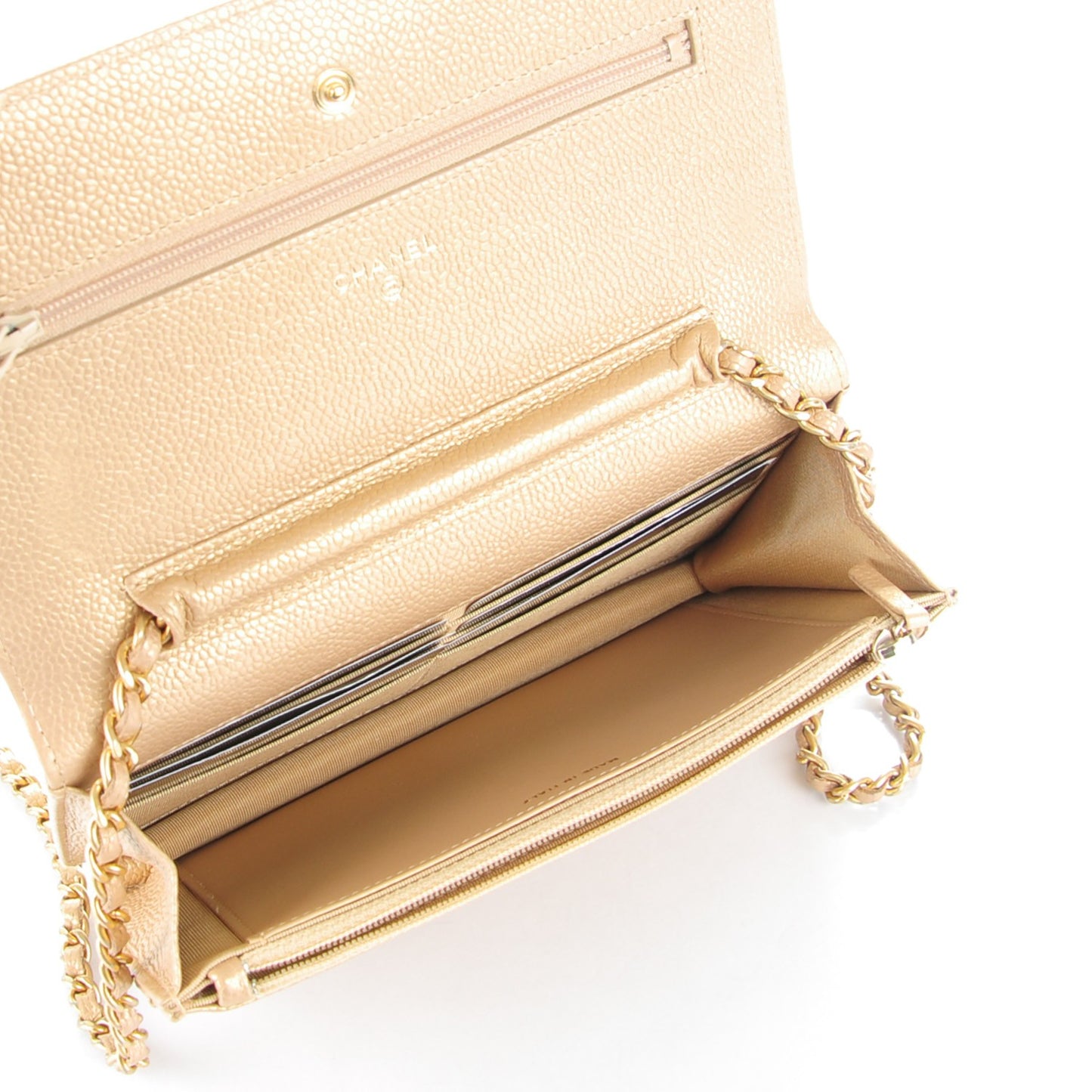 Pearly Caviar Quilted Wallet On Chain WOC Gold