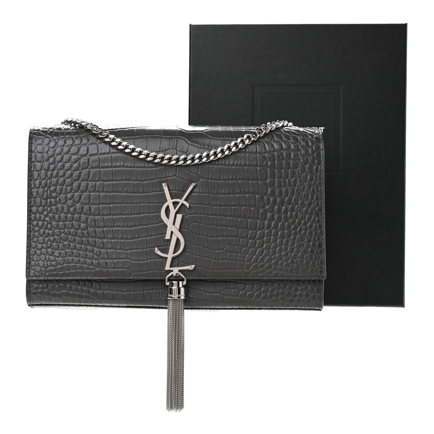 Calfskin Crocodile Embossed Medium Classic Monogram Kate Tassel Satchel Storm