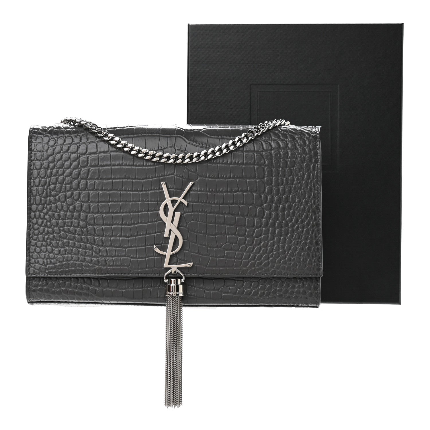 Saint Laurent Calfskin Crocodile Embossed Medium Classic Monogram Kate Tassel Satchel Storm 11 of 11