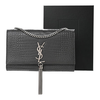 Saint Laurent Calfskin Crocodile Embossed Medium Classic Monogram Kate Tassel Satchel Storm 11 of 11