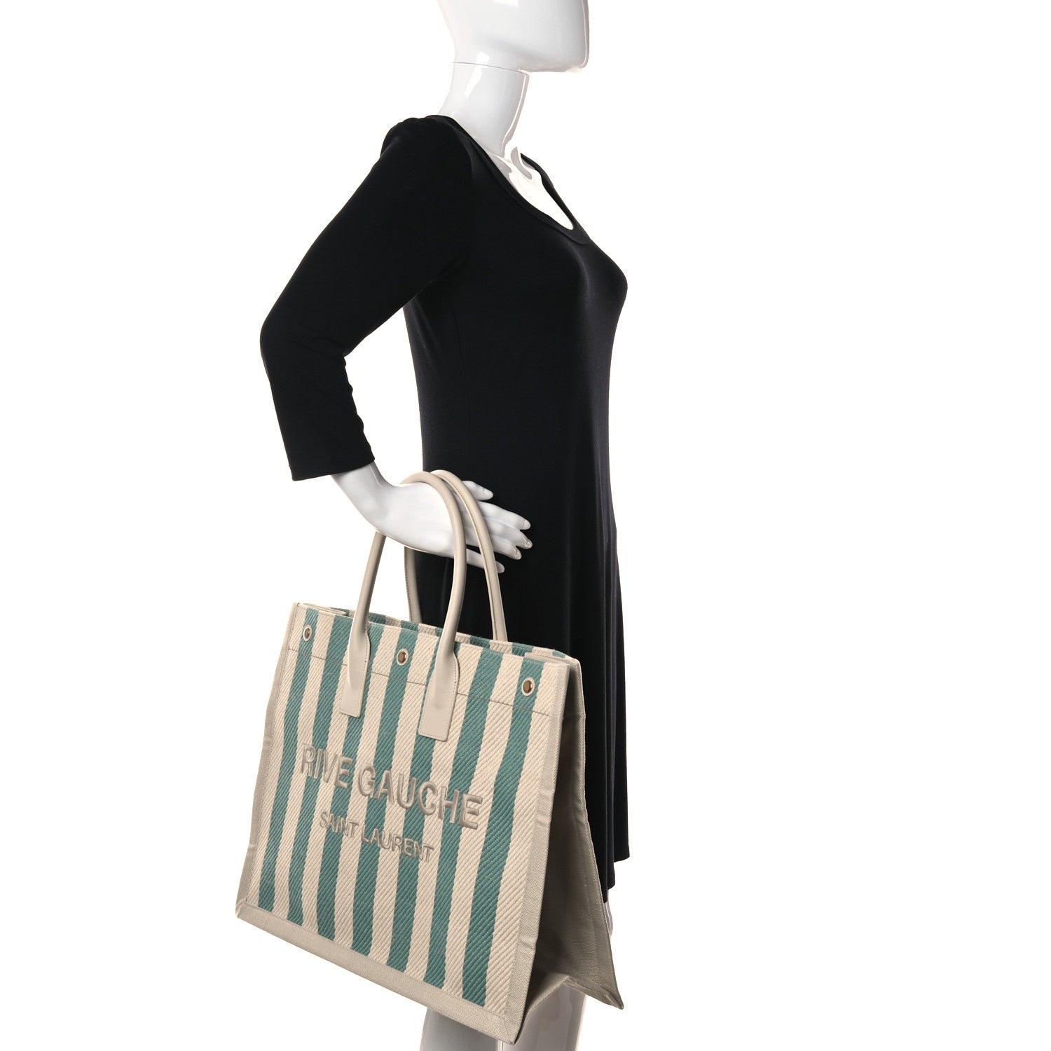 Saint Laurent Cotton Linen Calfskin Striped Rive Gauche Tote Water Green 2 of 11