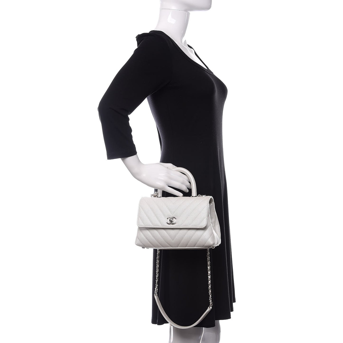 Iridescent Caviar Chevron Quilted Mini Coco Handle Flap White