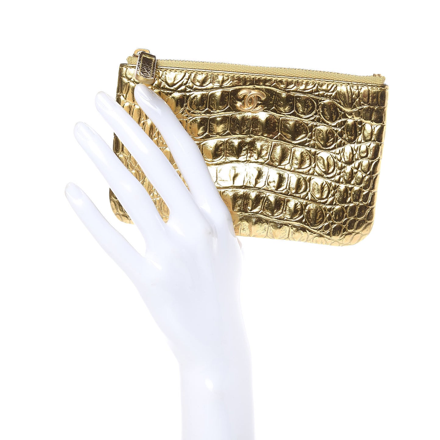 Metallic Calfskin Crocodile Embossed Cocodile Cosmetic Case Gold