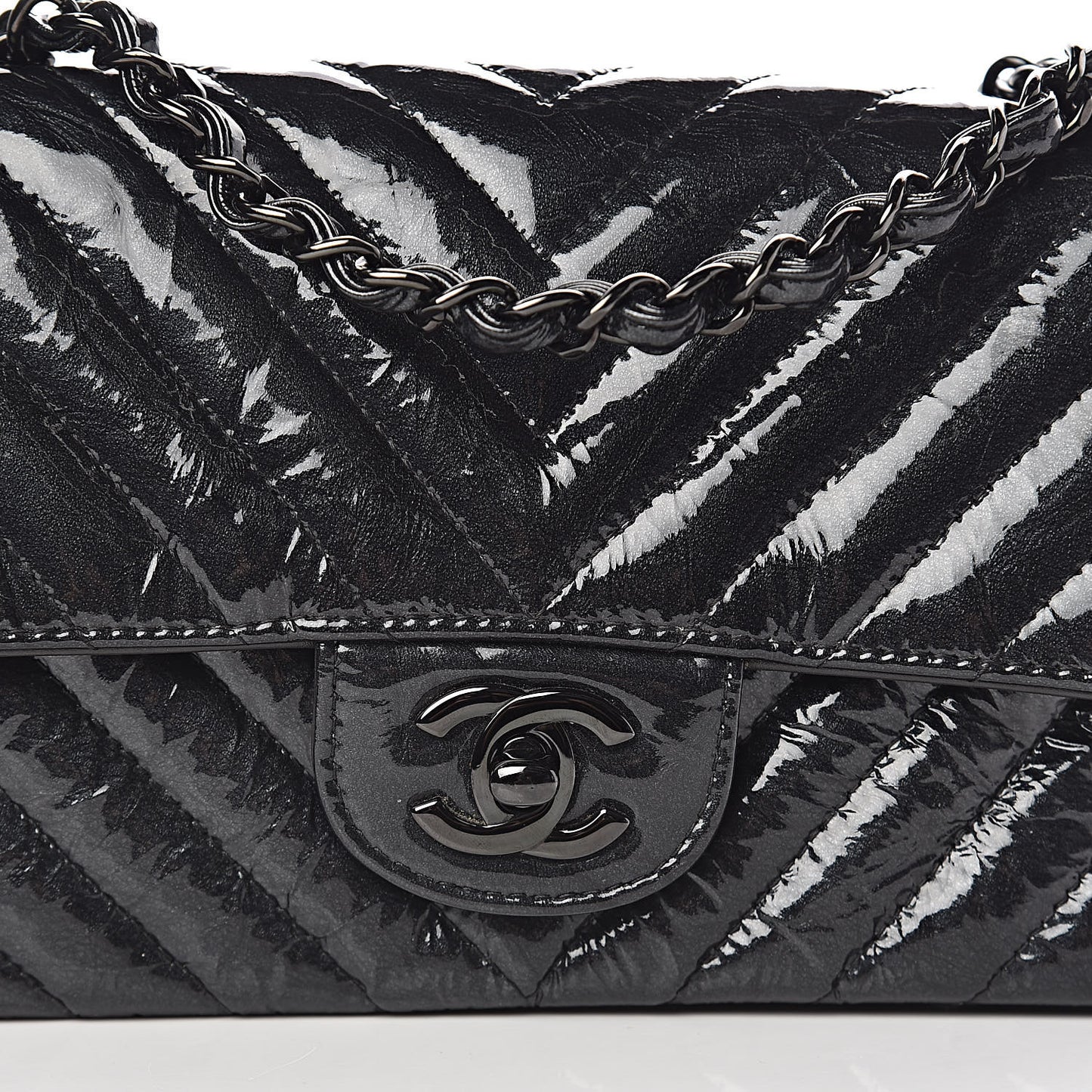 Patent Metallic Crumpled Calfskin Chevron Quilted Mini Rectangular Flap So Black