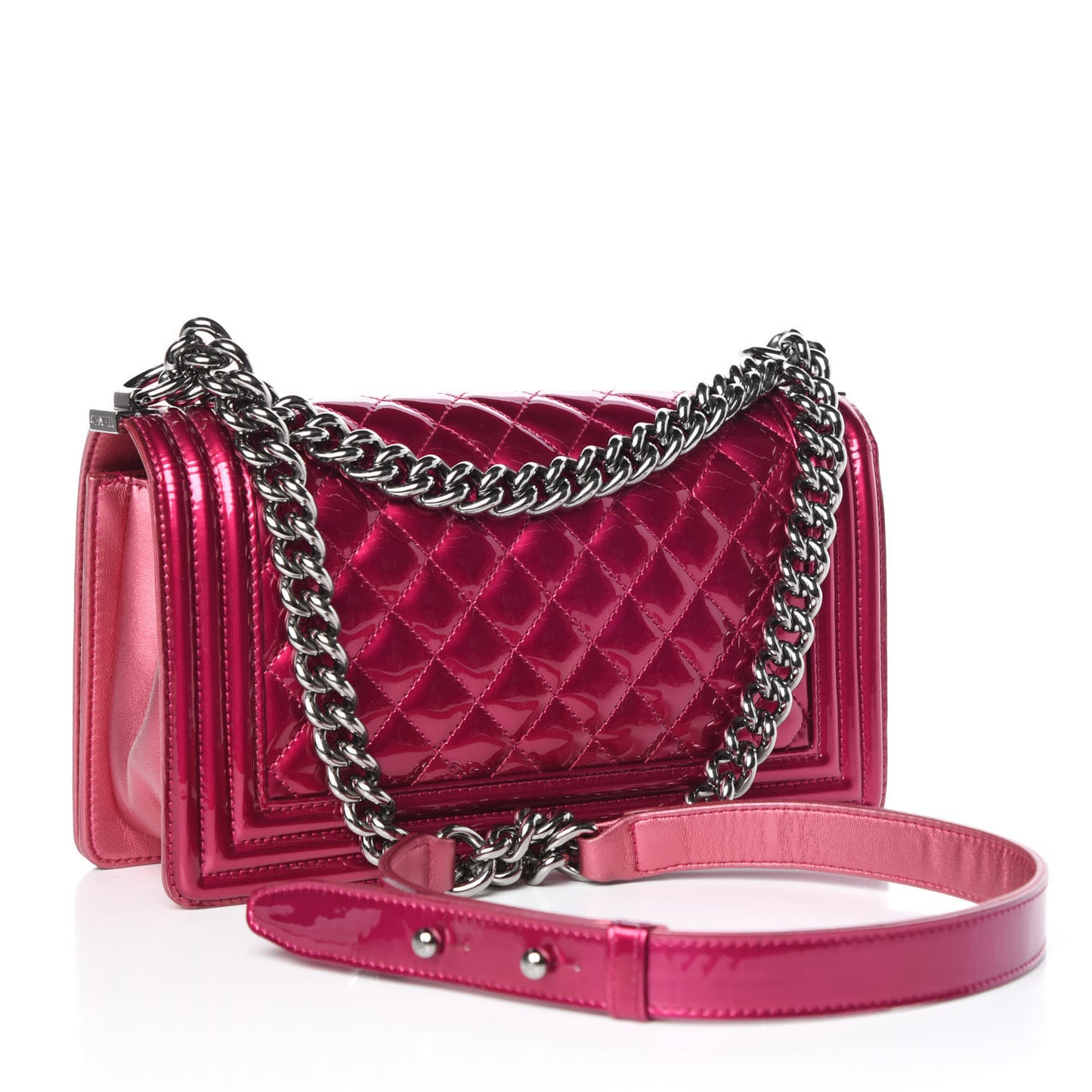 Metallic Patent Calfskin Quilted Medium Boy Flap Pink