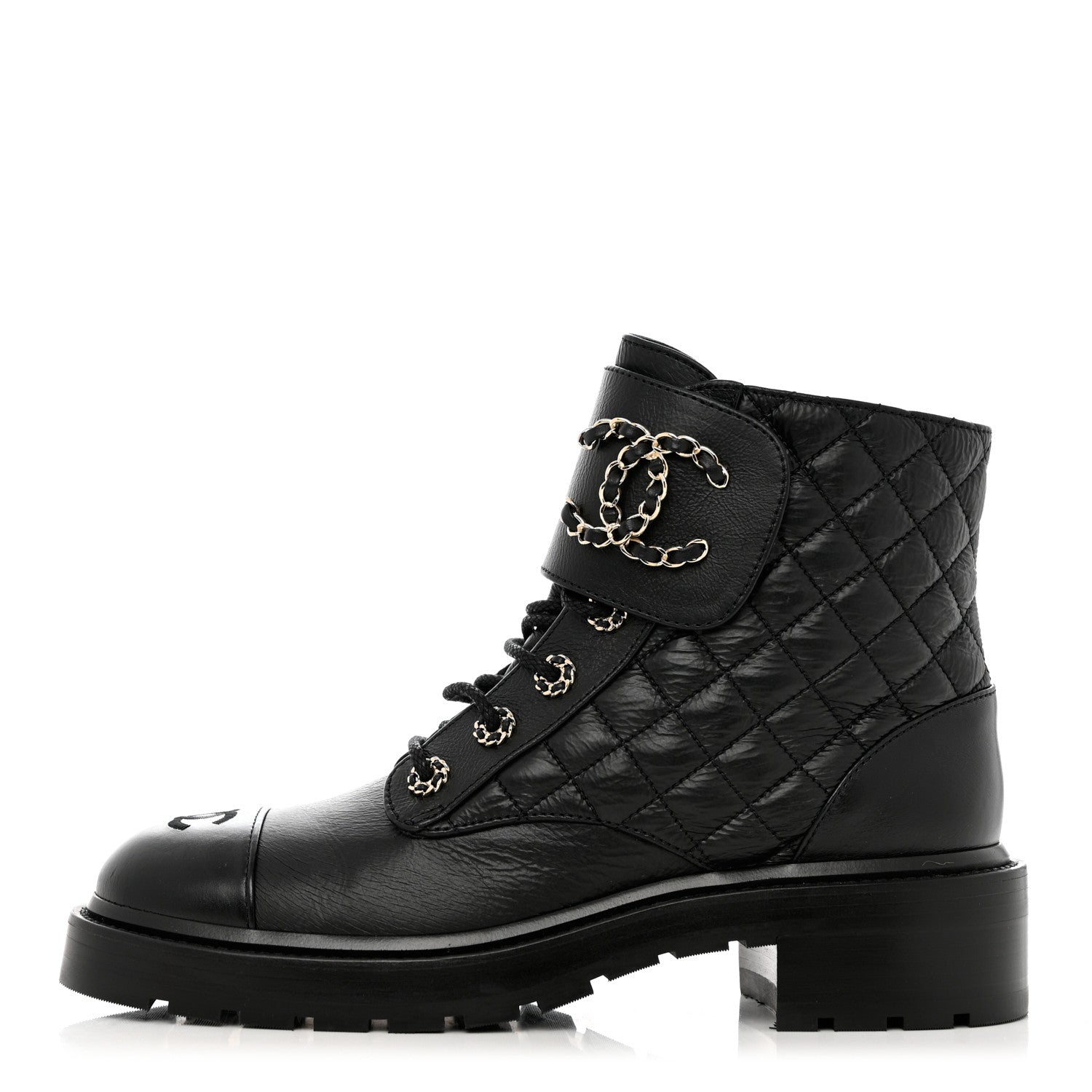 Chanel Shiny Goatskin Calfskin Quilted Lace Up Combat Boots 40 Black 1 of 9