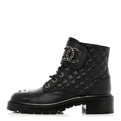 Chanel Shiny Goatskin Calfskin Quilted Lace Up Combat Boots 40 Black 1 of 9