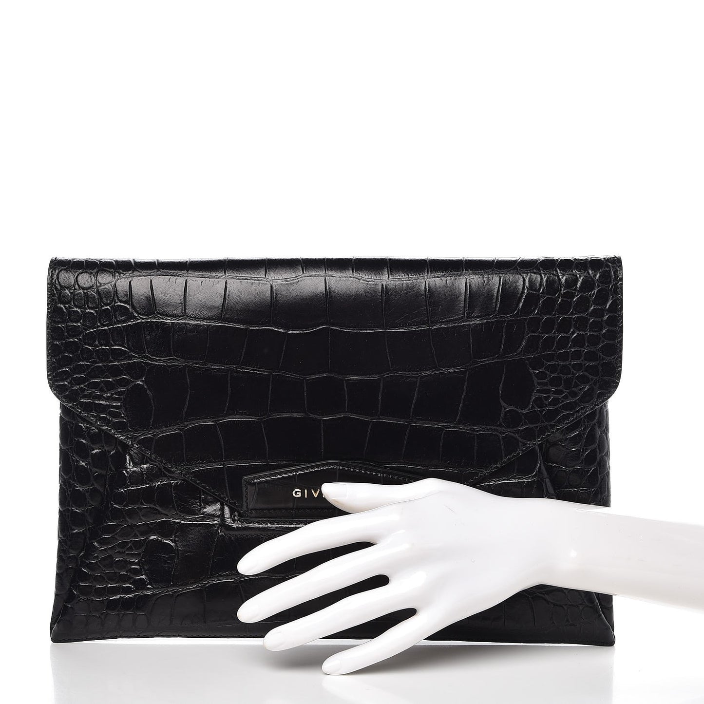Calfskin Crocodile Embossed Medium Antigona Envelope Clutch Black