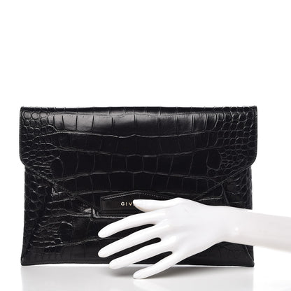 Givenchy Calfskin Crocodile Embossed Medium Antigona Envelope Clutch Black 2 of 7