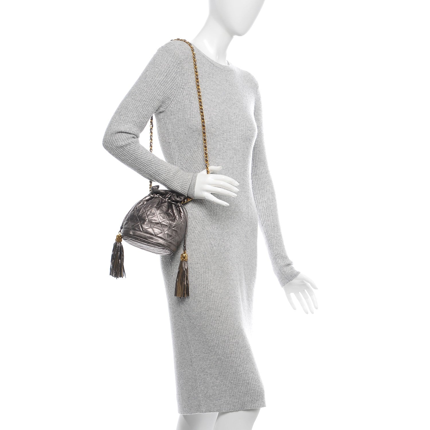 Chanel Metallic Lambskin Drawstring Pouch Bag Dark Silver 2 of 8