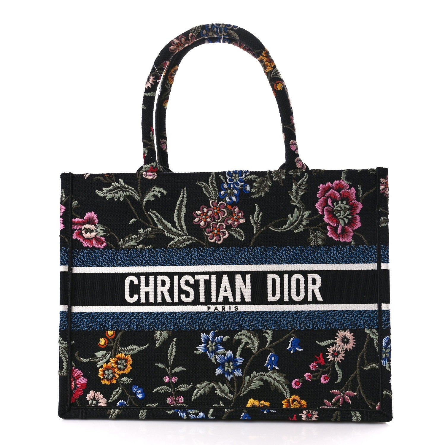 Christian Dior Raffia Embroidered Petites Fleurs Medium Book Tote Navy Blue Multicolor 1 of 11