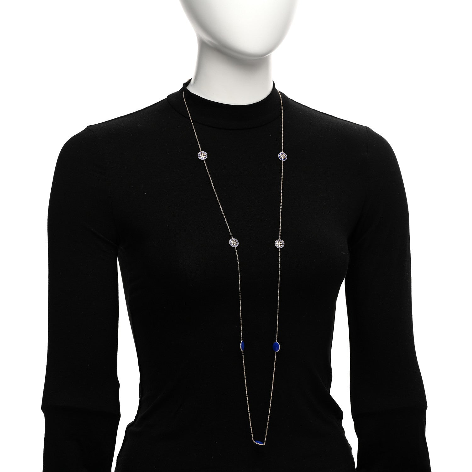 Christian Dior 18K Yellow Gold Diamond Lapis Rose Des Vents 9-Station Long Necklace 2 of 4