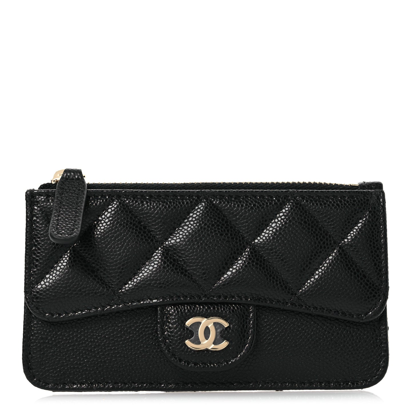 Caviar Quilted Flap Zip Card Holder Black