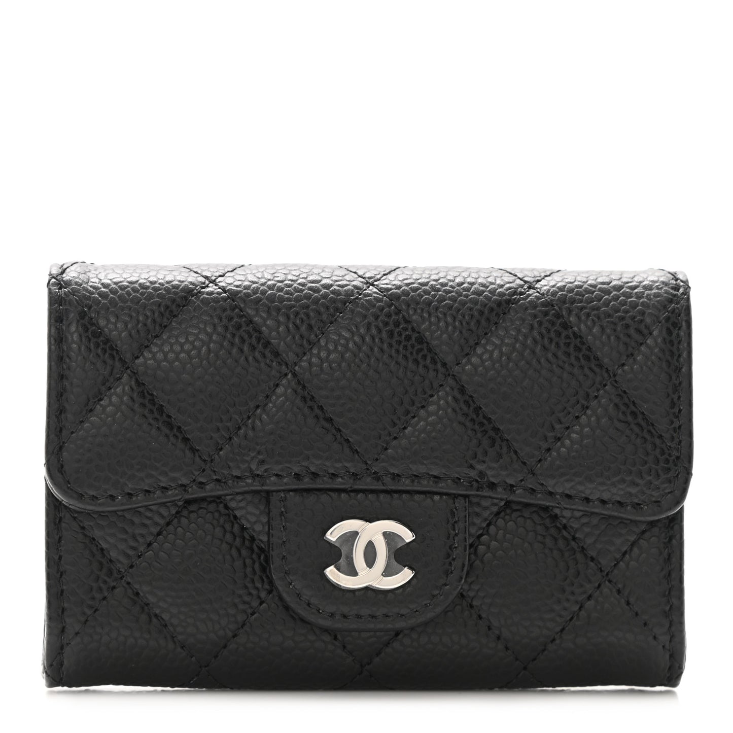 Caviar Quilted Flap Card Holder Wallet Black
