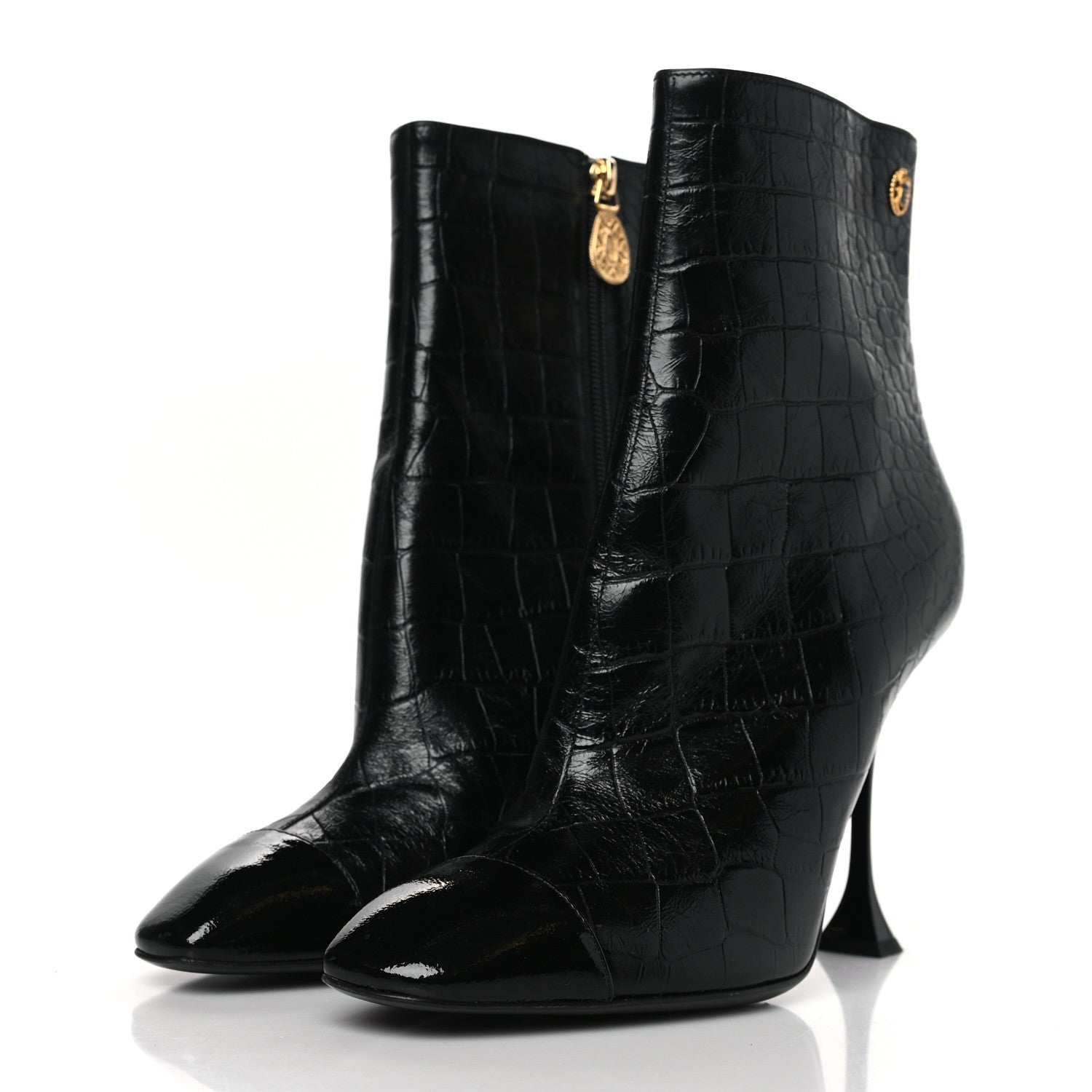 Chanel Calfskin Crocodile Embossed Cap Toe Ankle Boots 41 Black 3 of 8