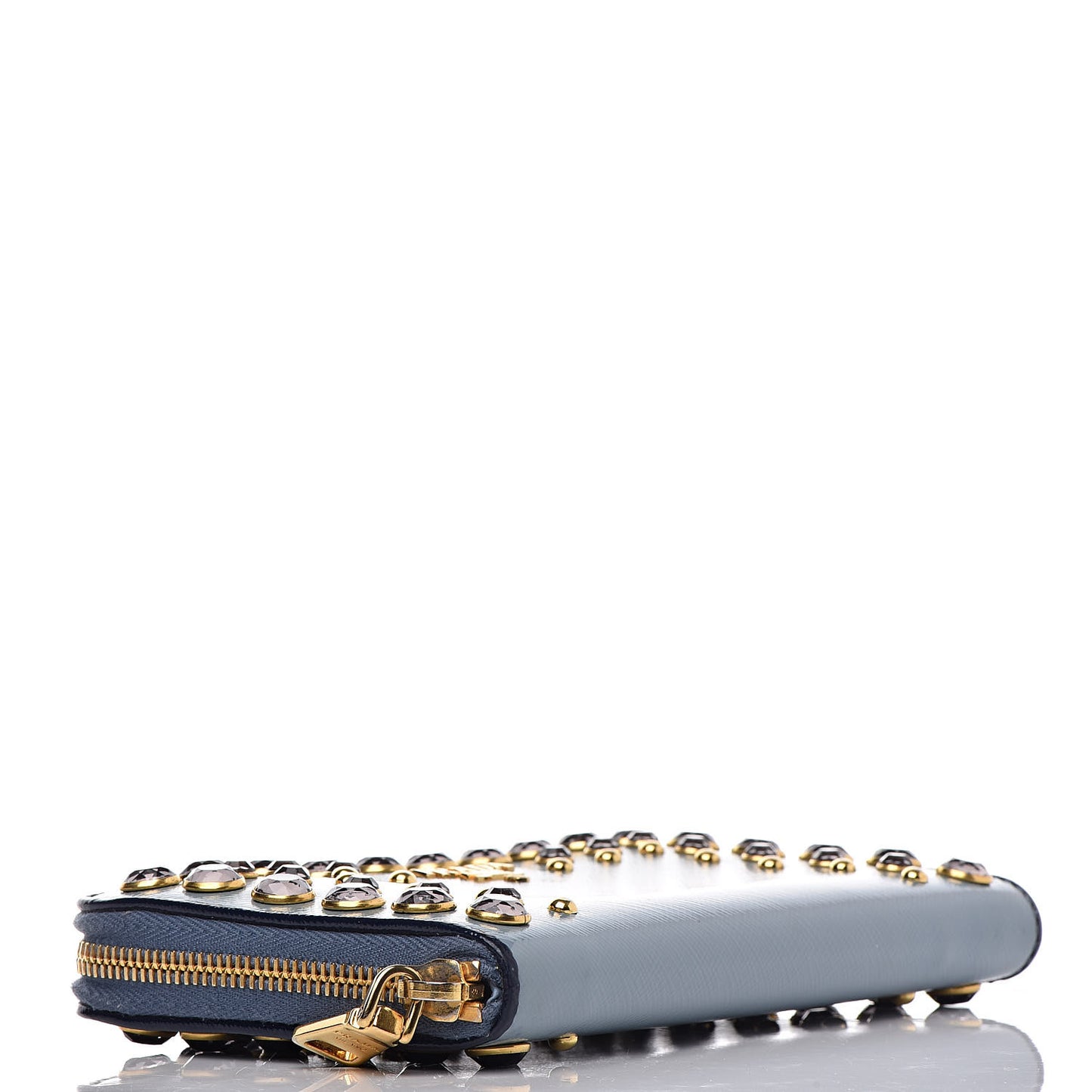 Saffiano Vernice Crystal Studded Zip Around Wallet Blue