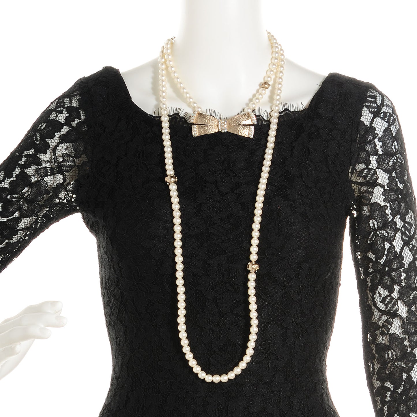 Pearl Crystal Bow Long Necklace Gold