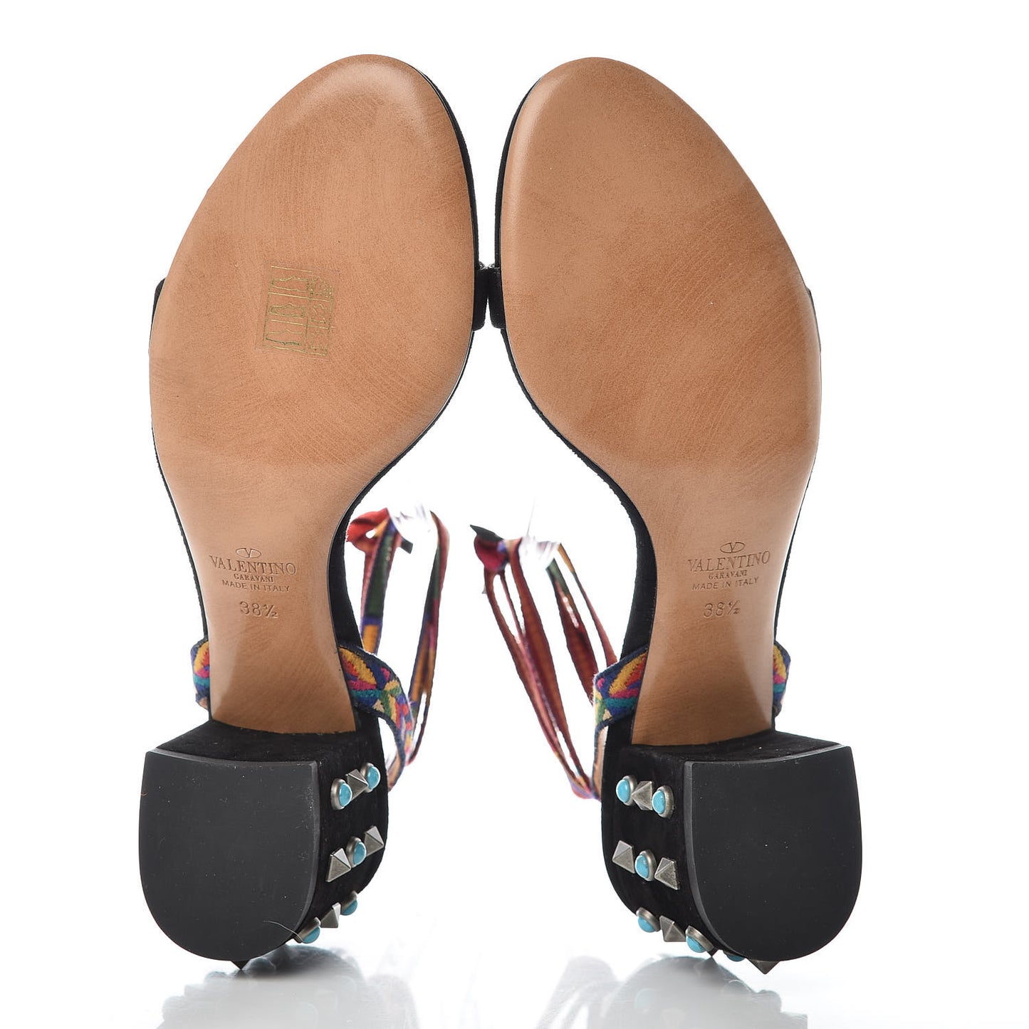 Suede Embroidered Rockstud Rolling Wrap Sandals 38.5 Black Multicolor
