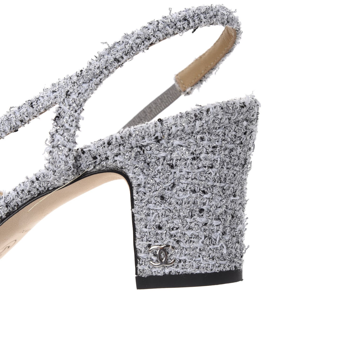 Tweed Grosgrain Cap Toe CC Slingback Pumps 38.5 Grey Silver Black