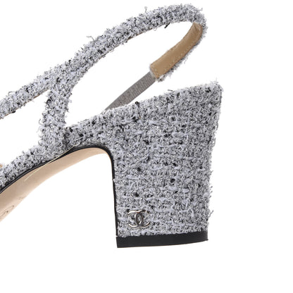 Chanel Tweed Grosgrain Cap Toe CC Slingback Pumps 38.5 Grey Silver Black 9 of 15