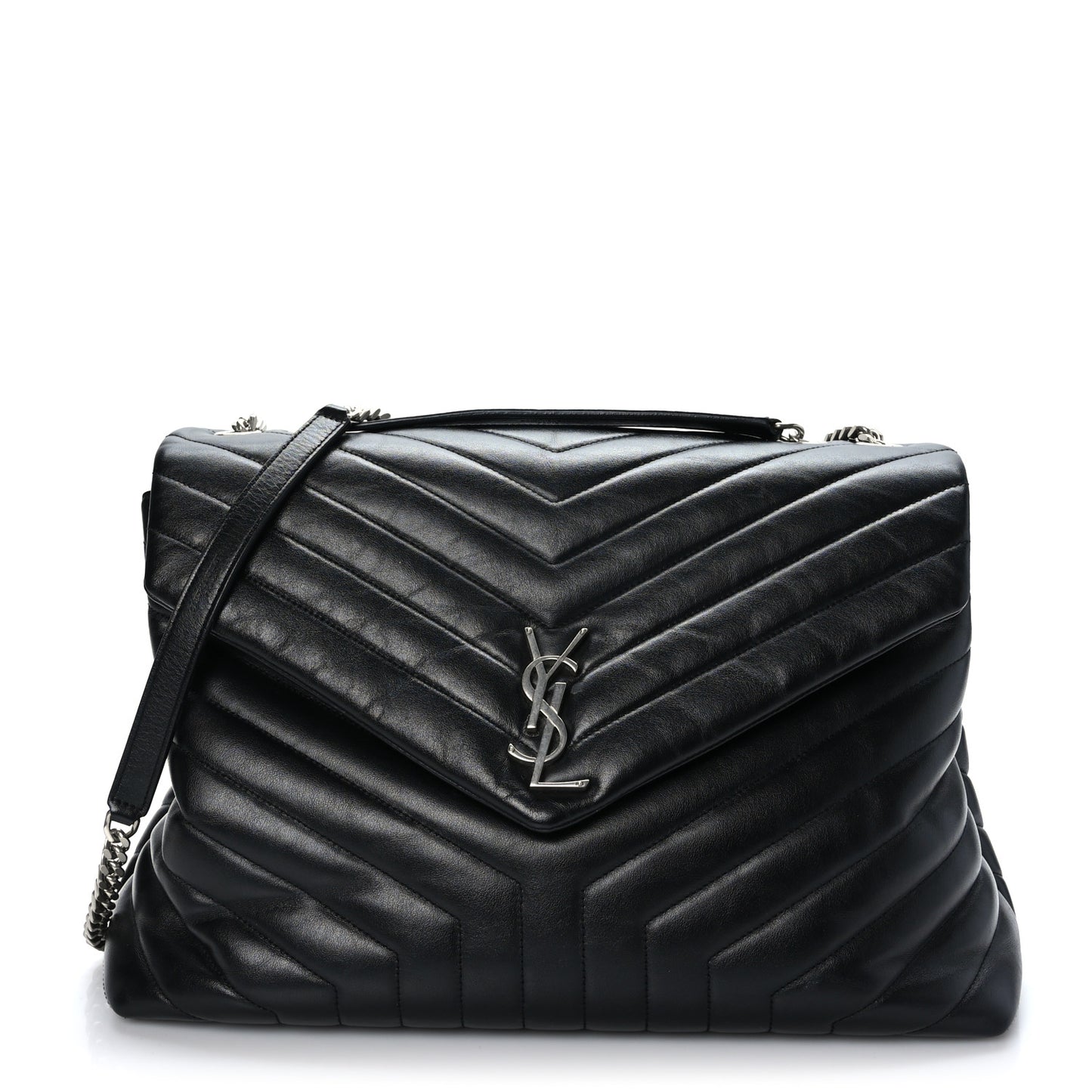 Calfskin Y Quilted Monogram Large Loulou Chain Satchel Black