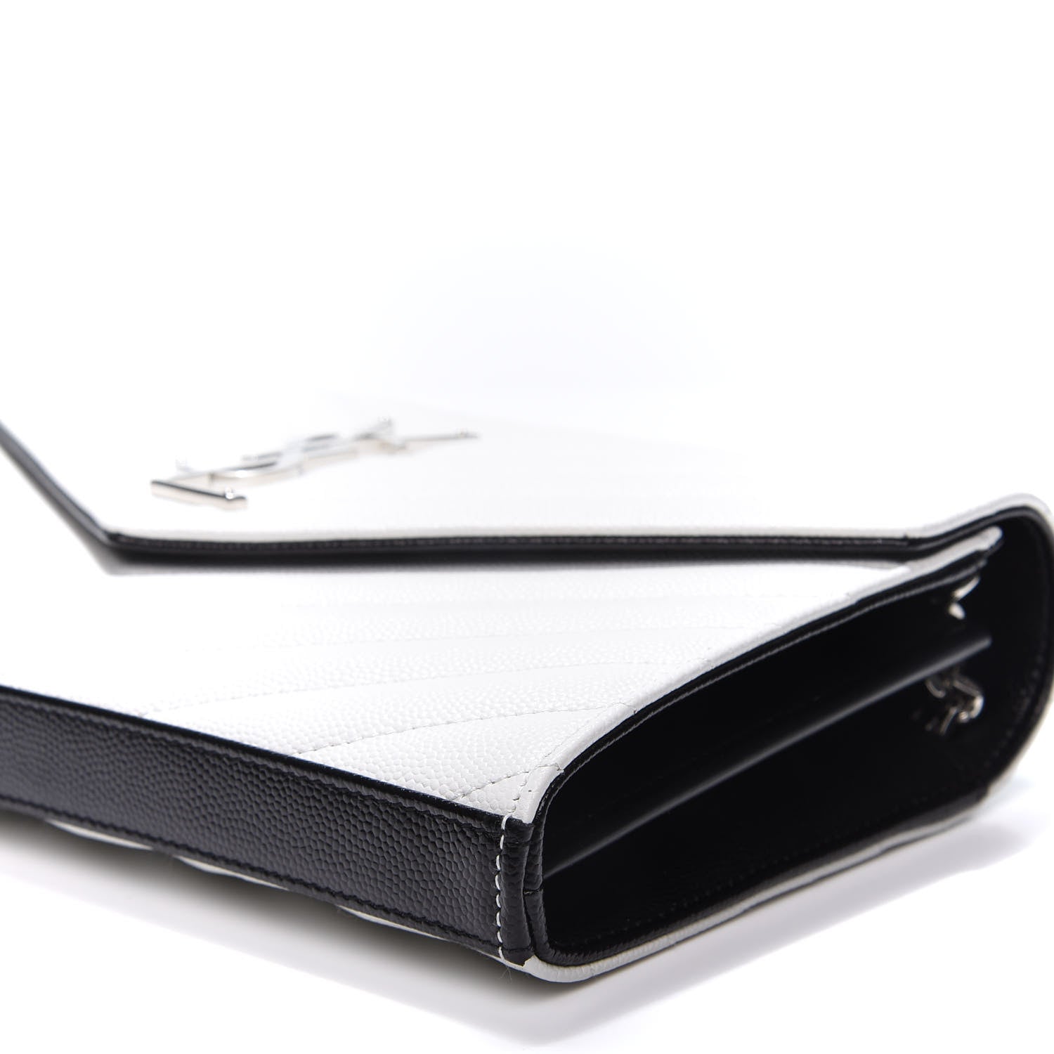 Saint Laurent Grain De Poudre Matelasse Bi-Color Chevron Monogram Chain Wallet White Black 6 of 9