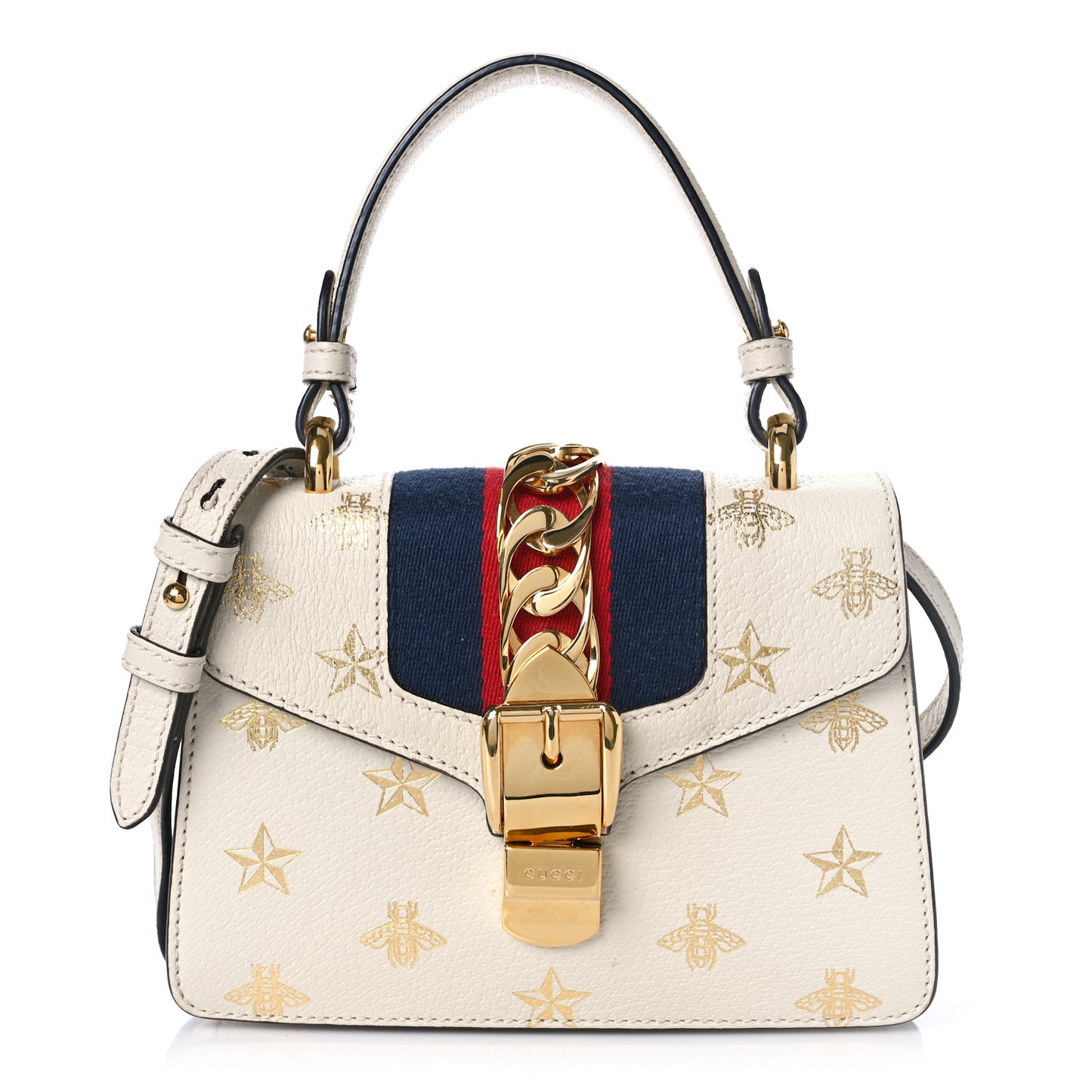 Textured Calfskin Bee Star Print Mini Sylvie Top Handle Bag Mystic White