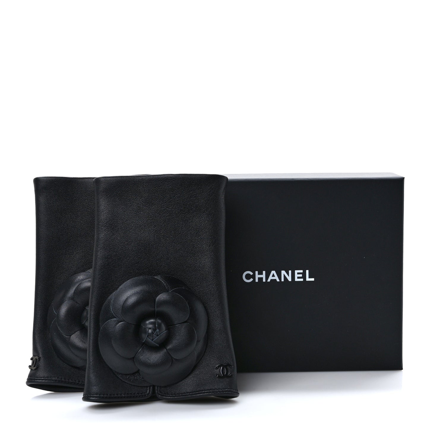 Lambskin Camellia Fingerless Gloves 8 Black
