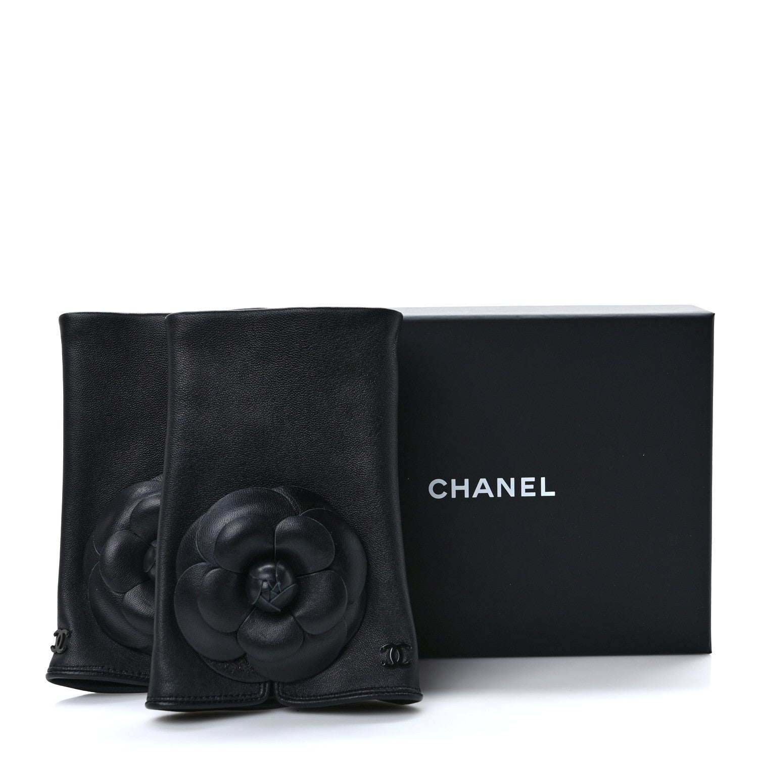 Chanel Lambskin Camellia Fingerless Gloves 8 Black 5 of 5