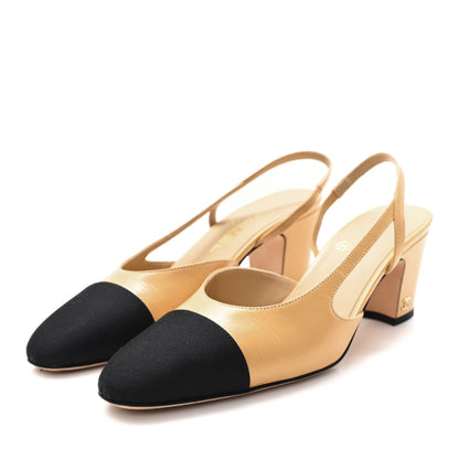 Chanel Lambskin Grosgrain Cap Toe CC Slingback Pumps 36 Beige Black 4 of 9