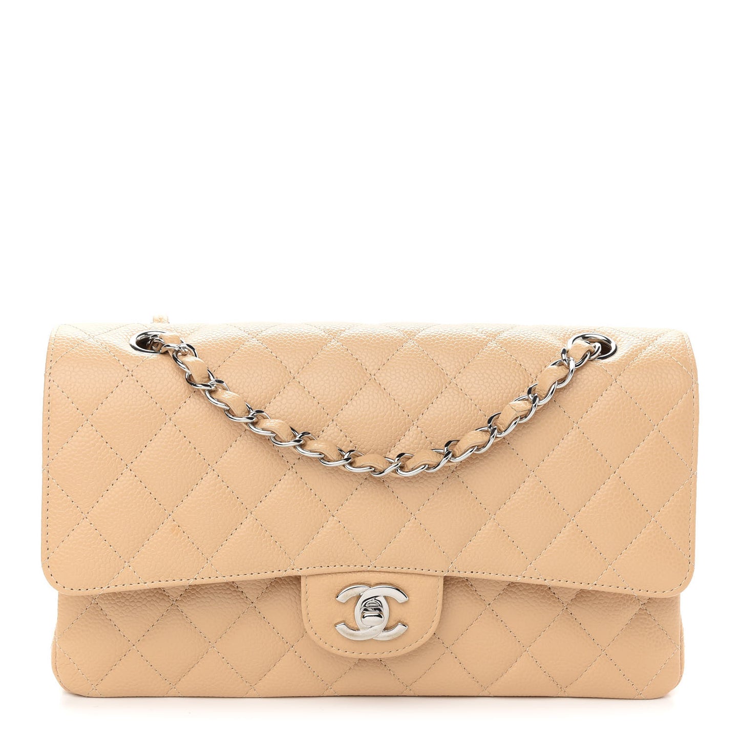 Caviar Quilted Medium Double Flap Beige