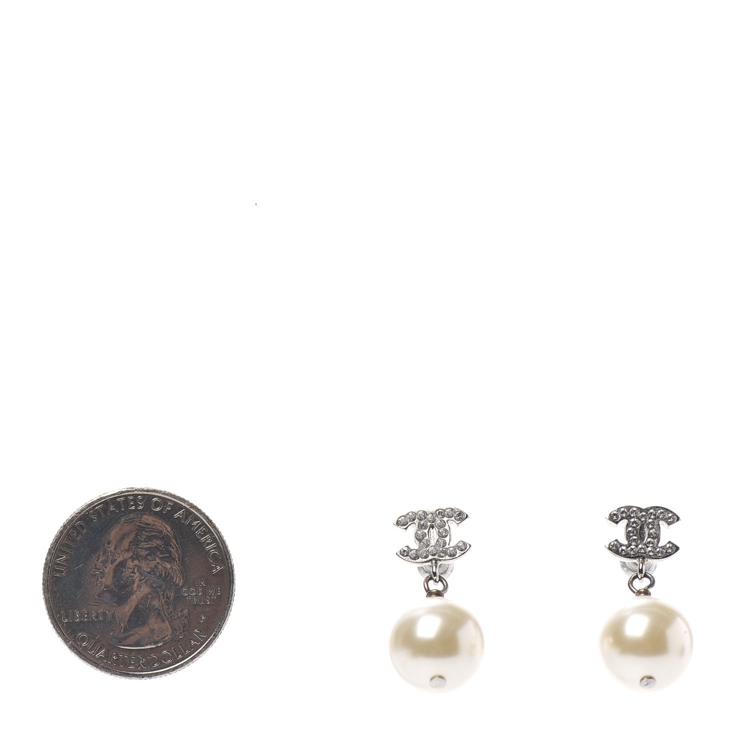 Chanel Crystal Pearl CC Drop Earrings Silver 2 of 5