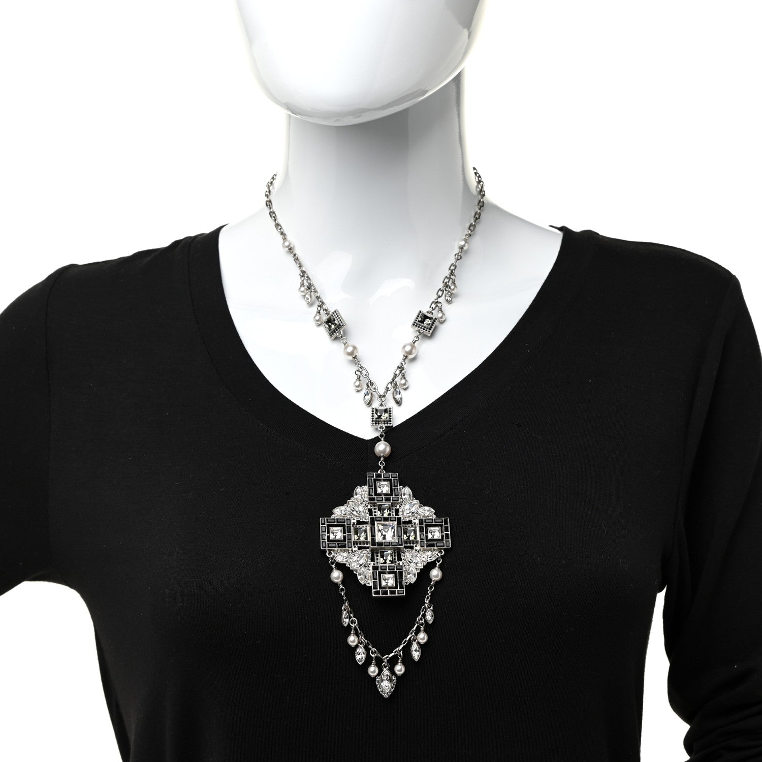 Chanel Crystal Strass Pearl CC Necklace Silver Black 2 of 5