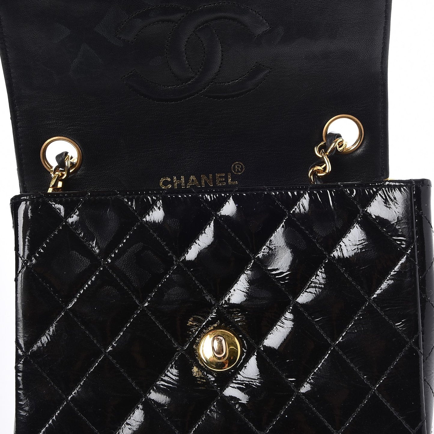 Patent Calfskin Quilted Mini Square Flap Black