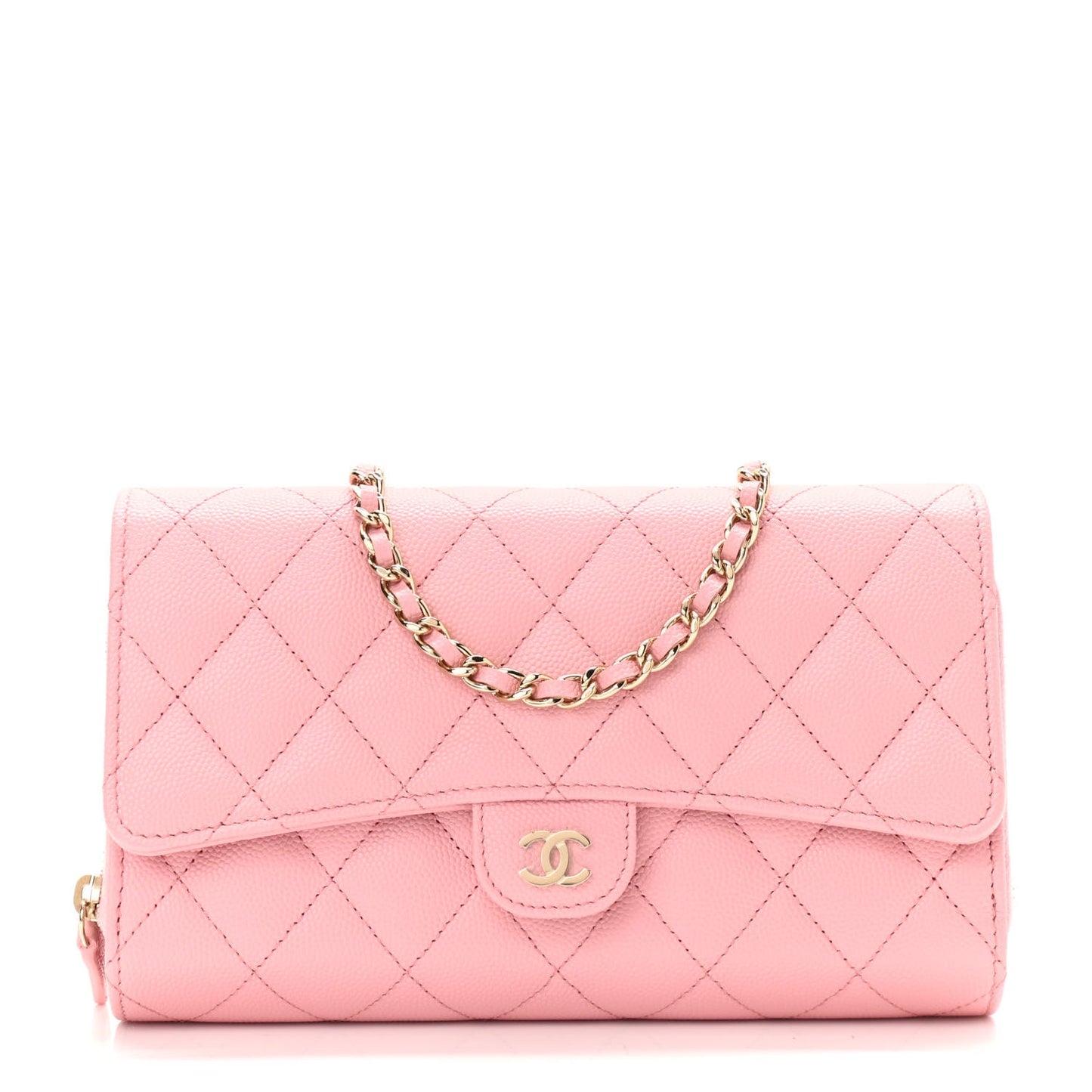 Caviar Quilted Phone Holder Wallet on Removable Chain Pink