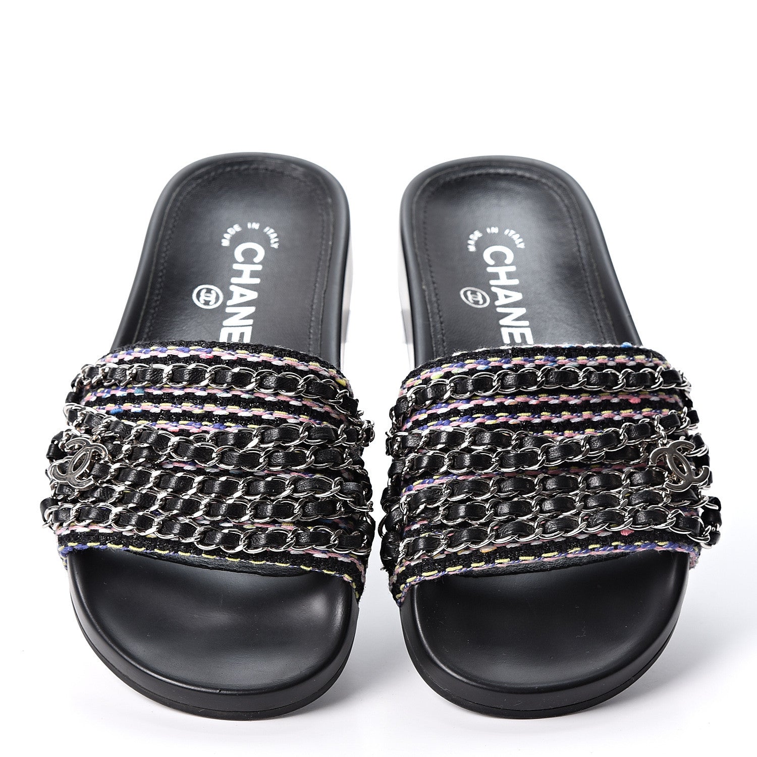 Chanel Tweed Lambskin Chain Flat Sandals 34 Black Multicolor 6 of 10