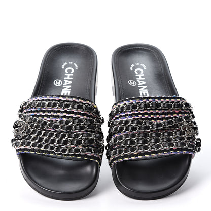 Chanel Tweed Lambskin Chain Flat Sandals 34 Black Multicolor 6 of 10