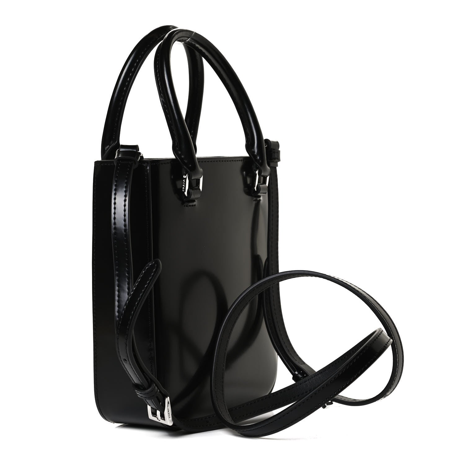 Prada Spazzolato Triangle Small Double Handle Crossbody Tote Black 3 of 12