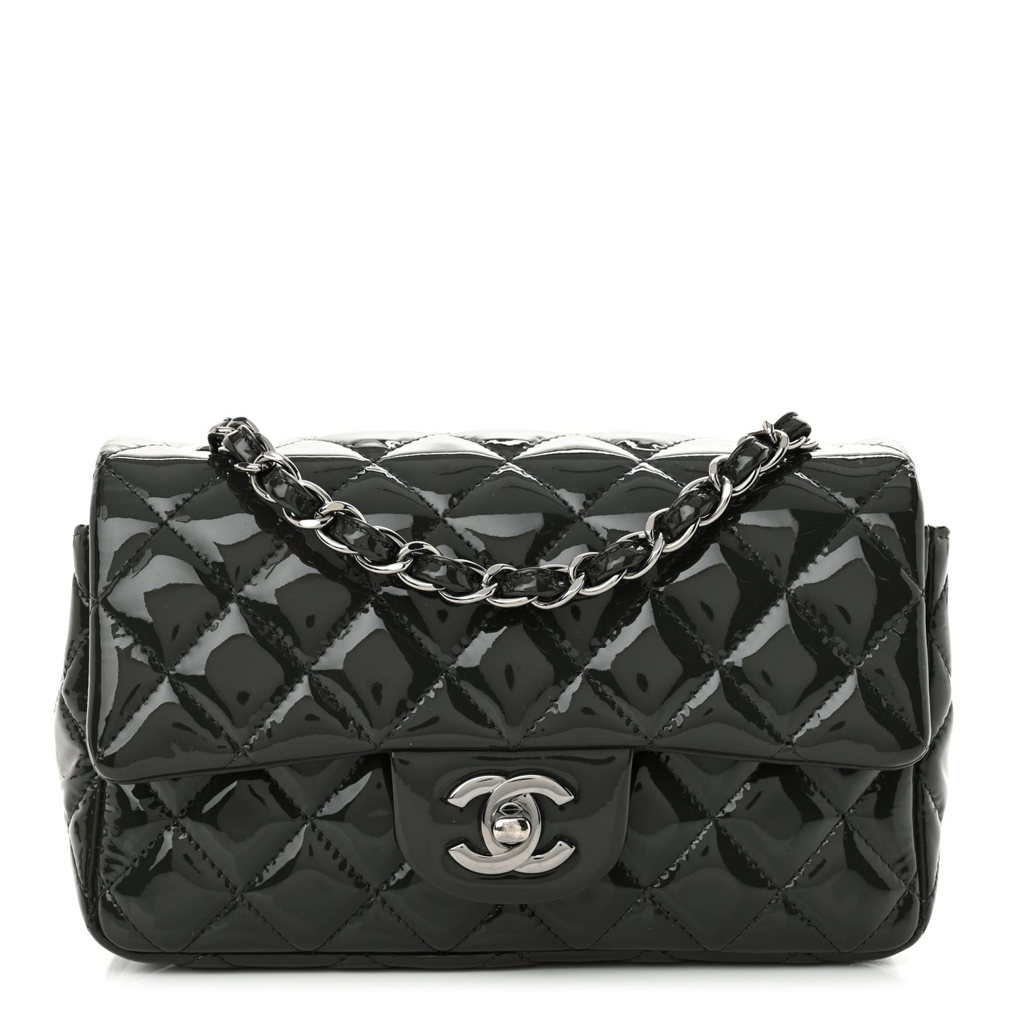Patent Calfskin Quilted Mini Rectangular Flap Grey