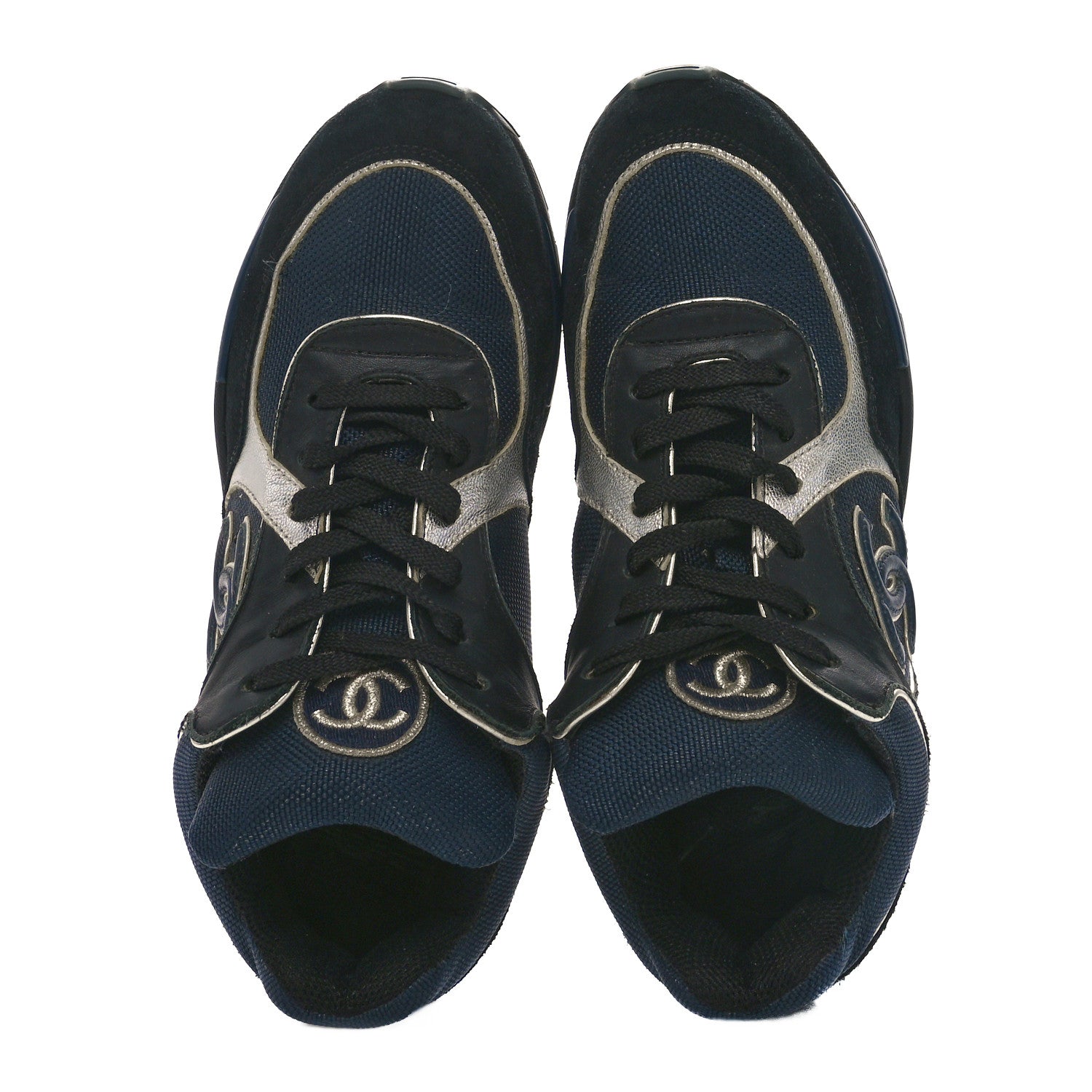 Chanel Mesh Suede Calfskin Womens CC Sneakers 36 Dark Blue Black