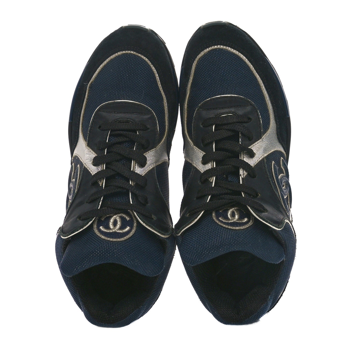 Mesh Suede Calfskin Womens CC Sneakers 36 Dark Blue Black Silver