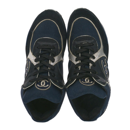 Chanel Mesh Suede Calfskin Womens CC Sneakers 36 Dark Blue Black Silver 2 of 9