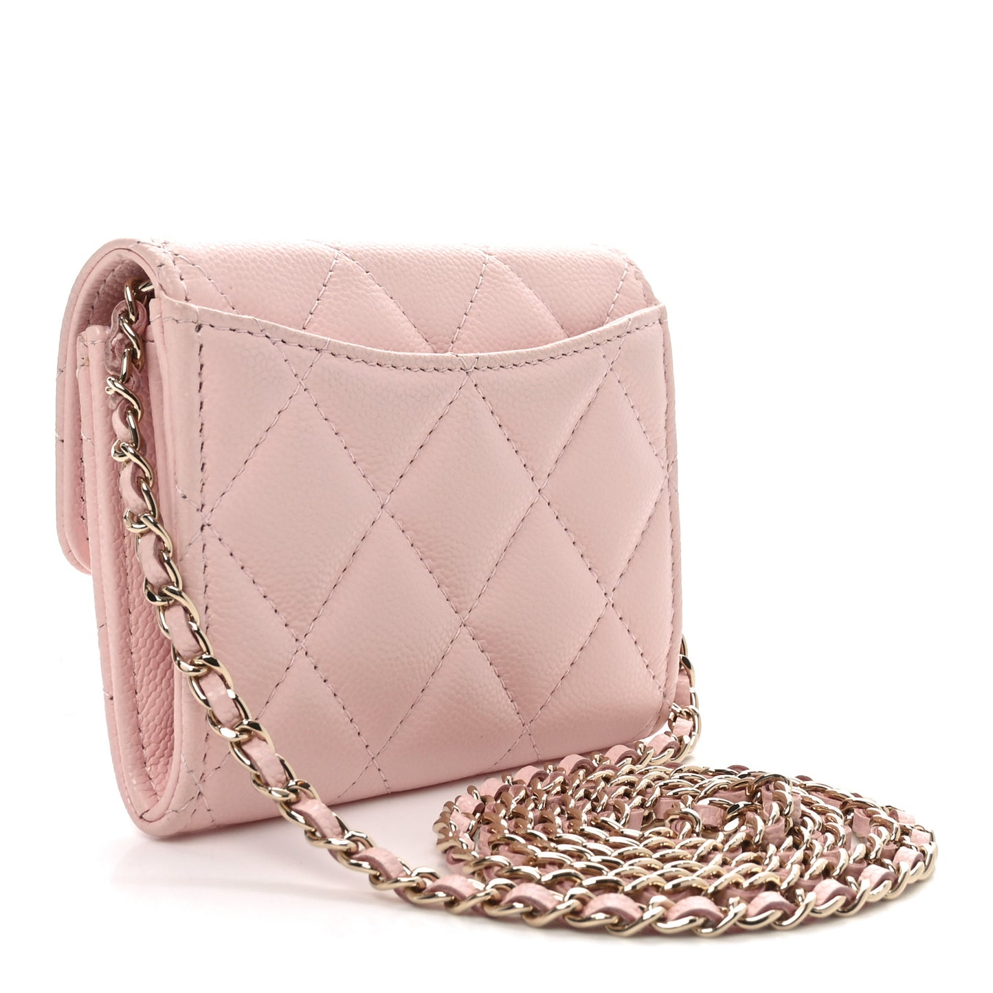 Caviar Quilted Flap Card Holder On Chain Pink