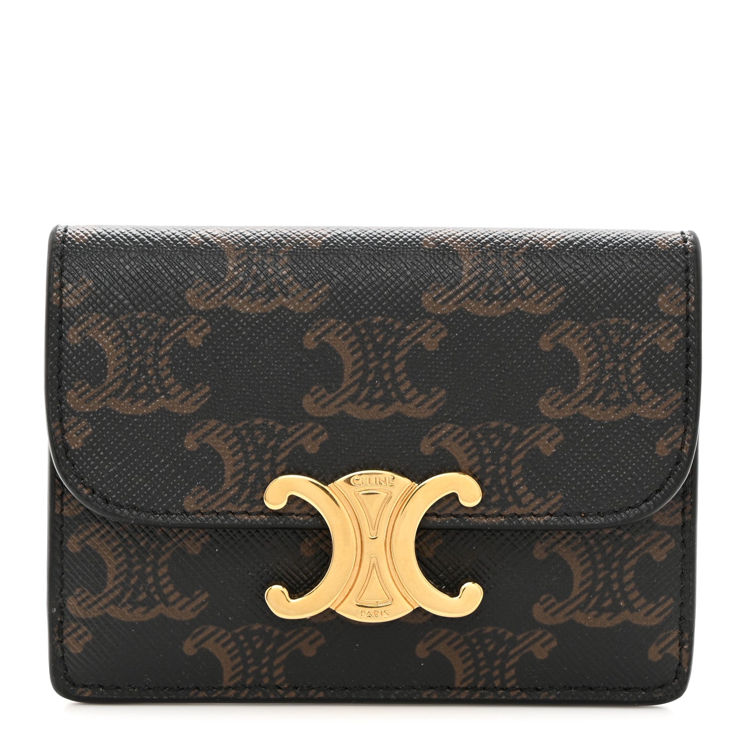 Celine Triomphe Canvas Calfskin Flap Card Holder Tan 1 of 8