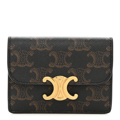 Celine Triomphe Canvas Calfskin Flap Card Holder Tan 1 of 8