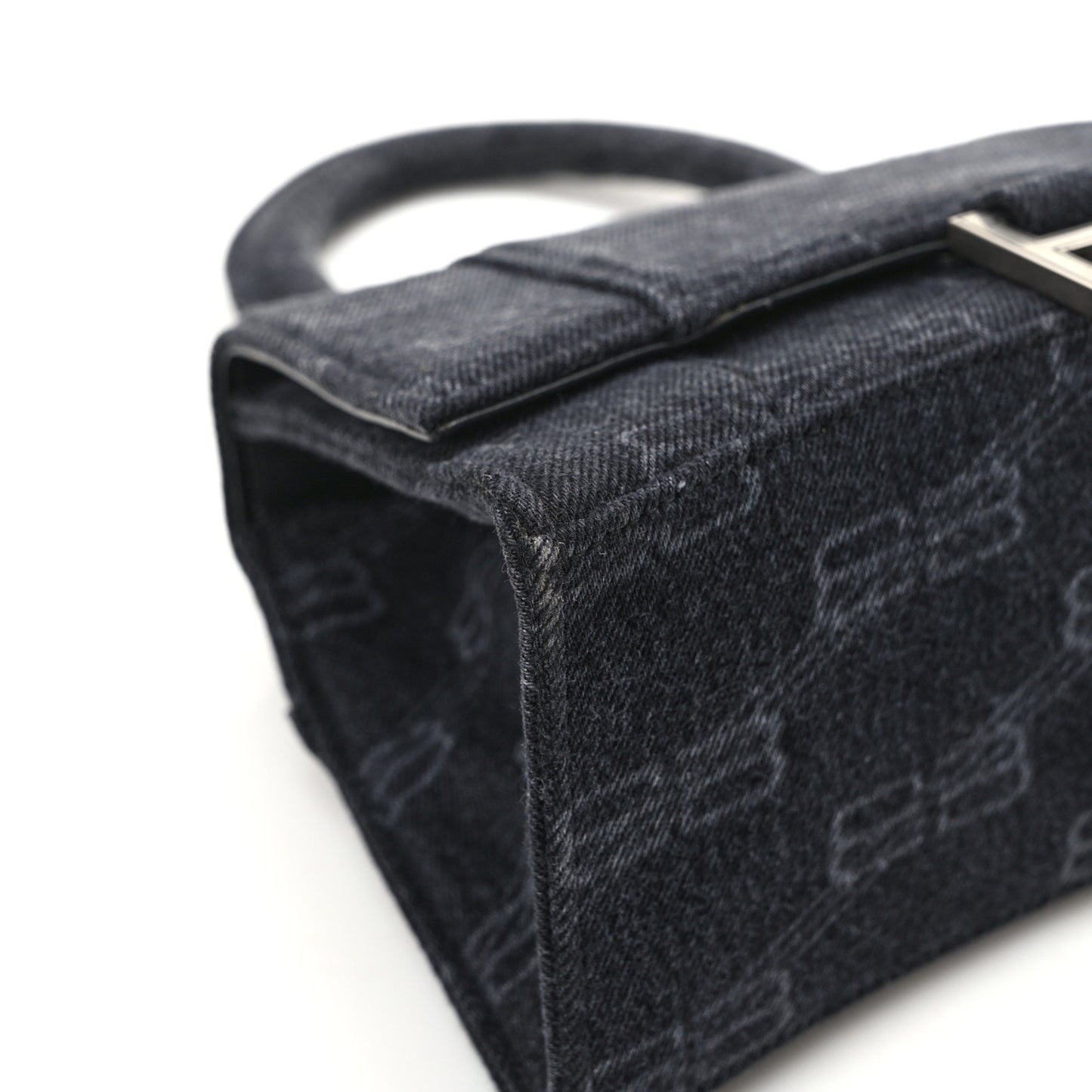 Washed Denim BB Monogram Small Hourglass Top Handle Bag Black